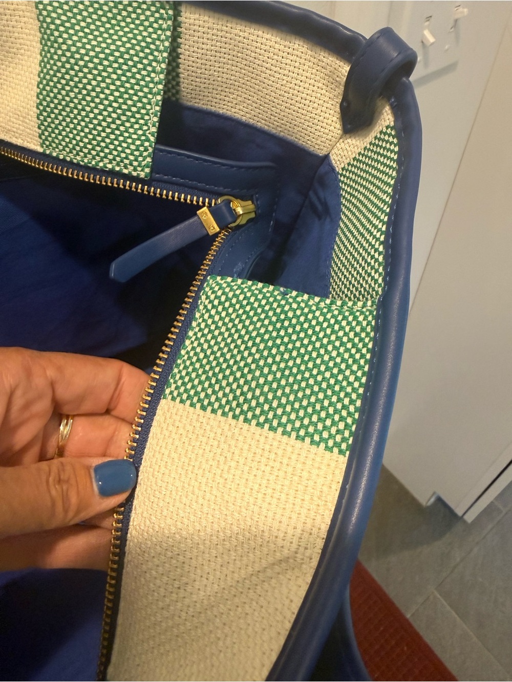 Boden Green and White Diagonal Stripe Canvas Tote with Navy Handles - Picture 3 of 4